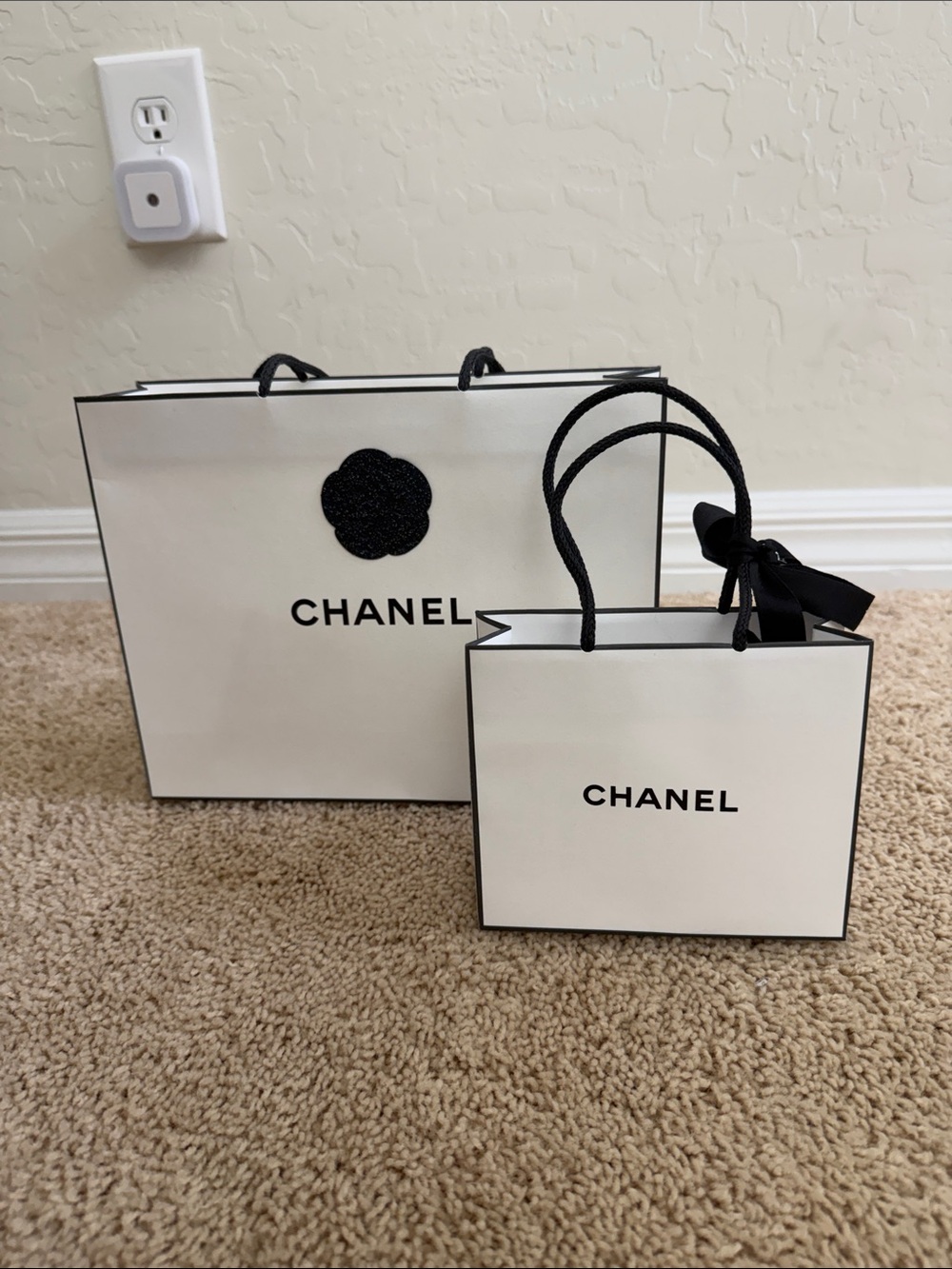 CHANEL White and Black Shopping Bag Duo with Logo